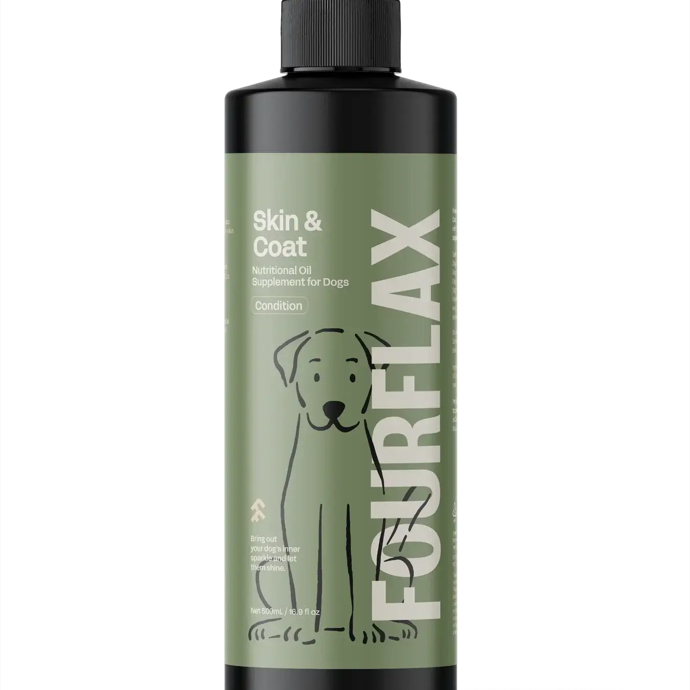 FourFlax Skin & Coat supplement bottle for dogs on a white background