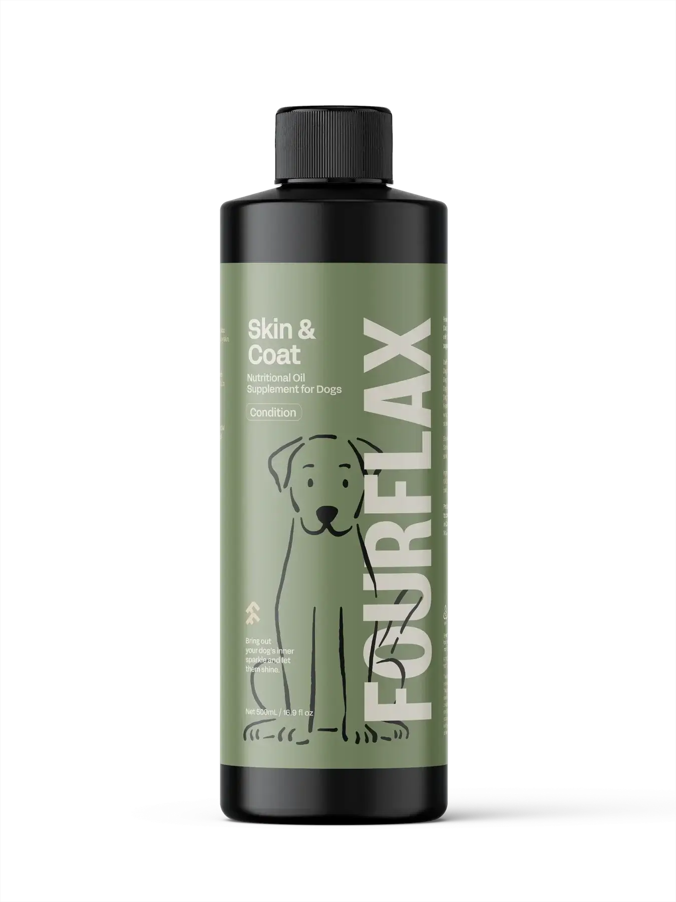 FourFlax Skin & Coat supplement bottle for dogs on a white background