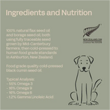 Ingredients and nutrition label for a product with a dog illustration on a green background.