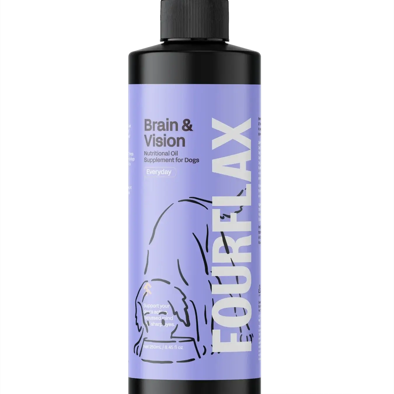 Bottle of FourFlax supplement for dogs on a white background