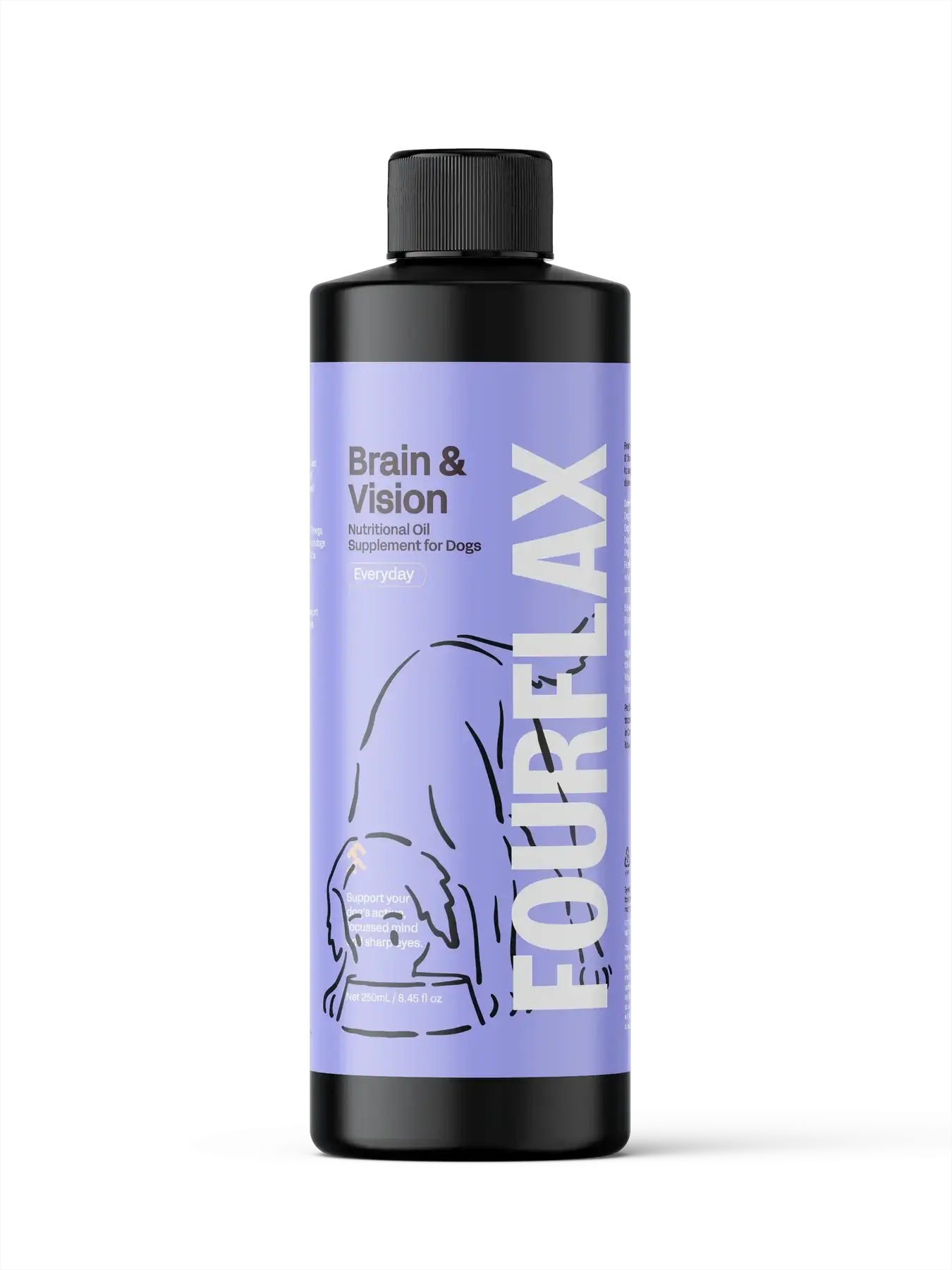 Bottle of FourFlax supplement for dogs on a white background