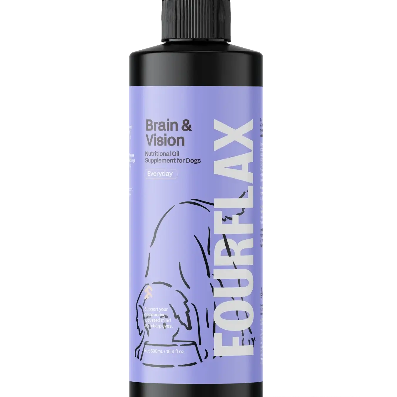 Bottle of FourFlax supplement for dogs on a white background