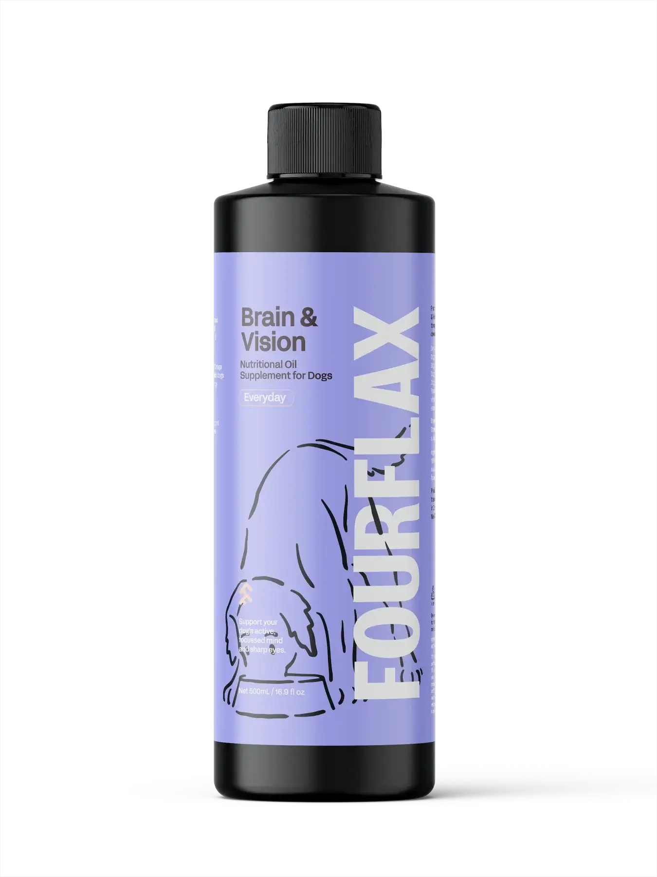 Bottle of FourFlax supplement for dogs on a white background
