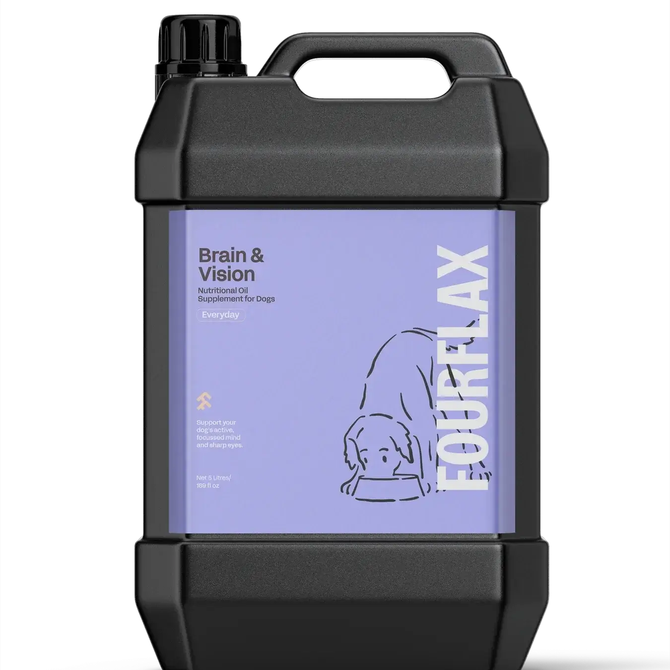 Black container with purple label featuring 'FourFlax' on a white background
