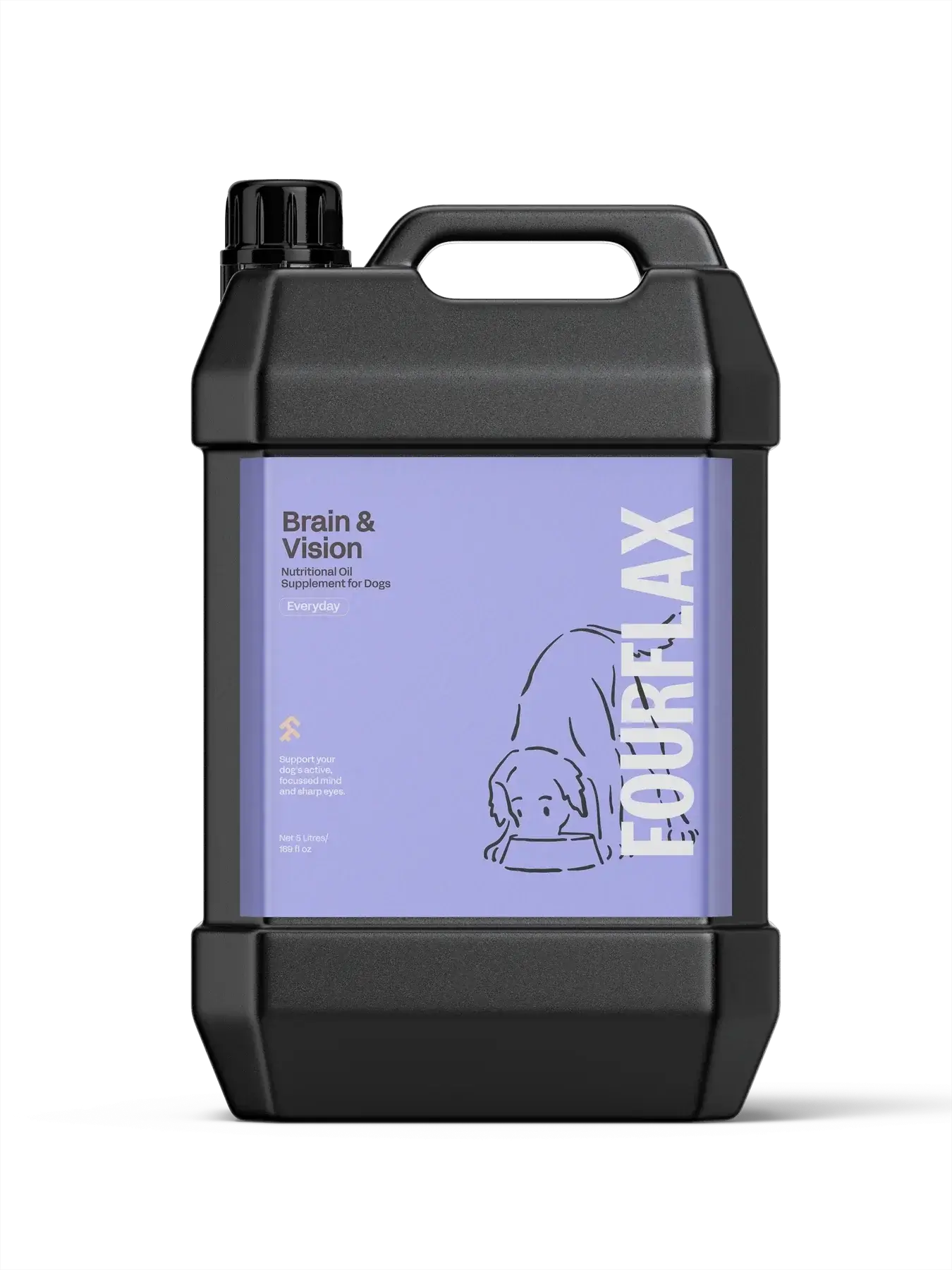 Black container with purple label featuring 'FourFlax' on a white background