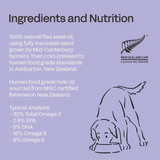 Ingredients and nutrition label for a pet food product with a purple background.