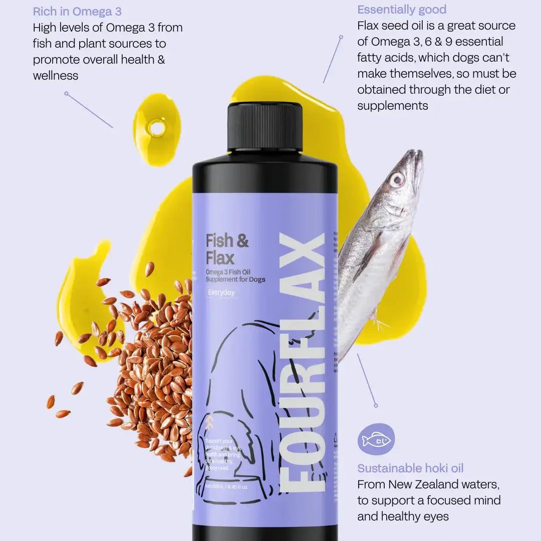 Fourflax product with fish and flaxseed imagery on a light purple background