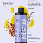 Fourflax product with fish and flaxseed imagery on a light purple background