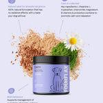 Dog supplement product with ingredients and benefits on a light purple background