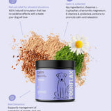 Dog supplement product with ingredients and benefits on a light purple background