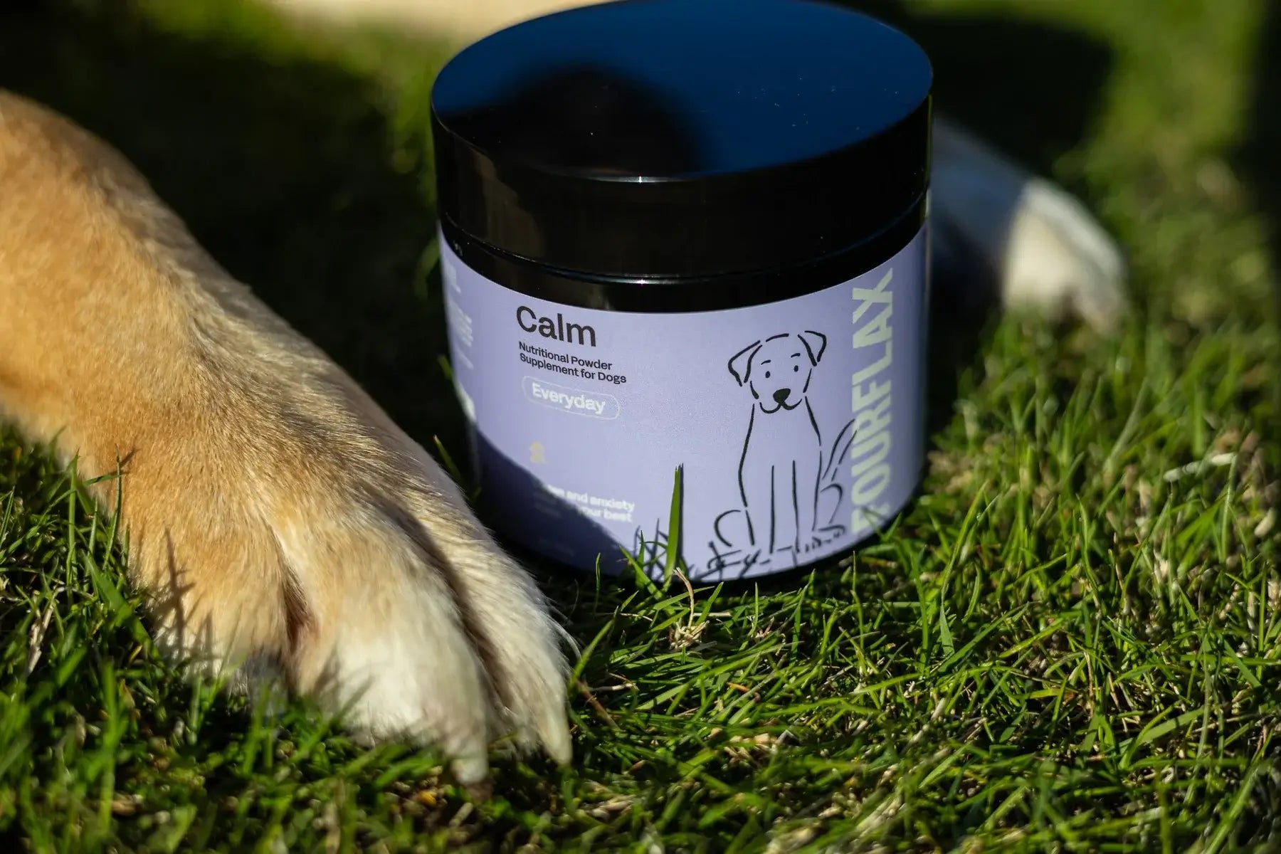 Jar labeled 'Calm' for dogs on grass with a dog's paw in the foreground