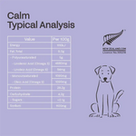 Nutritional analysis chart for a product with a dog illustration on a purple background