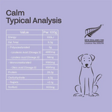 Nutritional analysis chart for a product with a dog illustration on a purple background