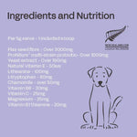 Dog supplement label with ingredients and nutrition information on a purple background