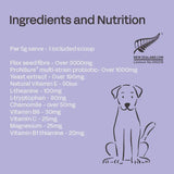 Dog supplement label with ingredients and nutrition information on a purple background