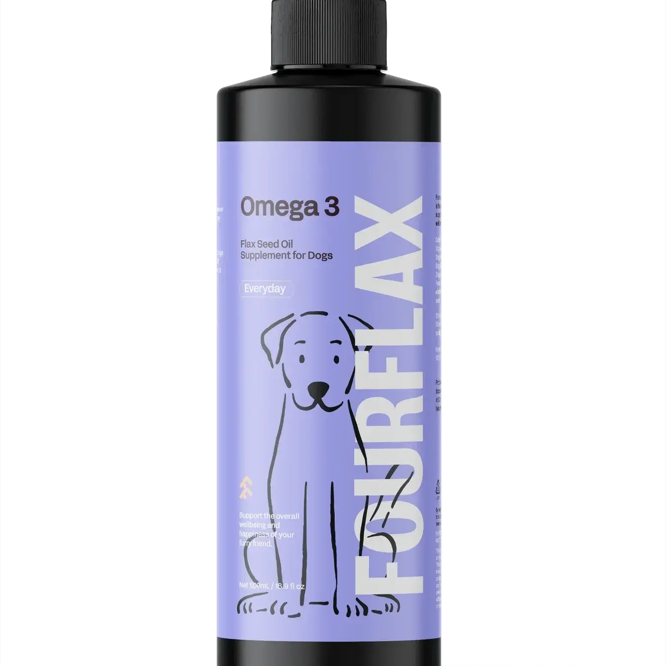 Bottle of Fourflux Omega 3 supplement for dogs on a white background.
