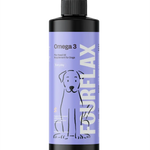 Bottle of Fourflux Omega 3 supplement for dogs on a white background.