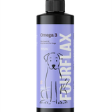 Bottle of Fourflux Omega 3 supplement for dogs on a white background.