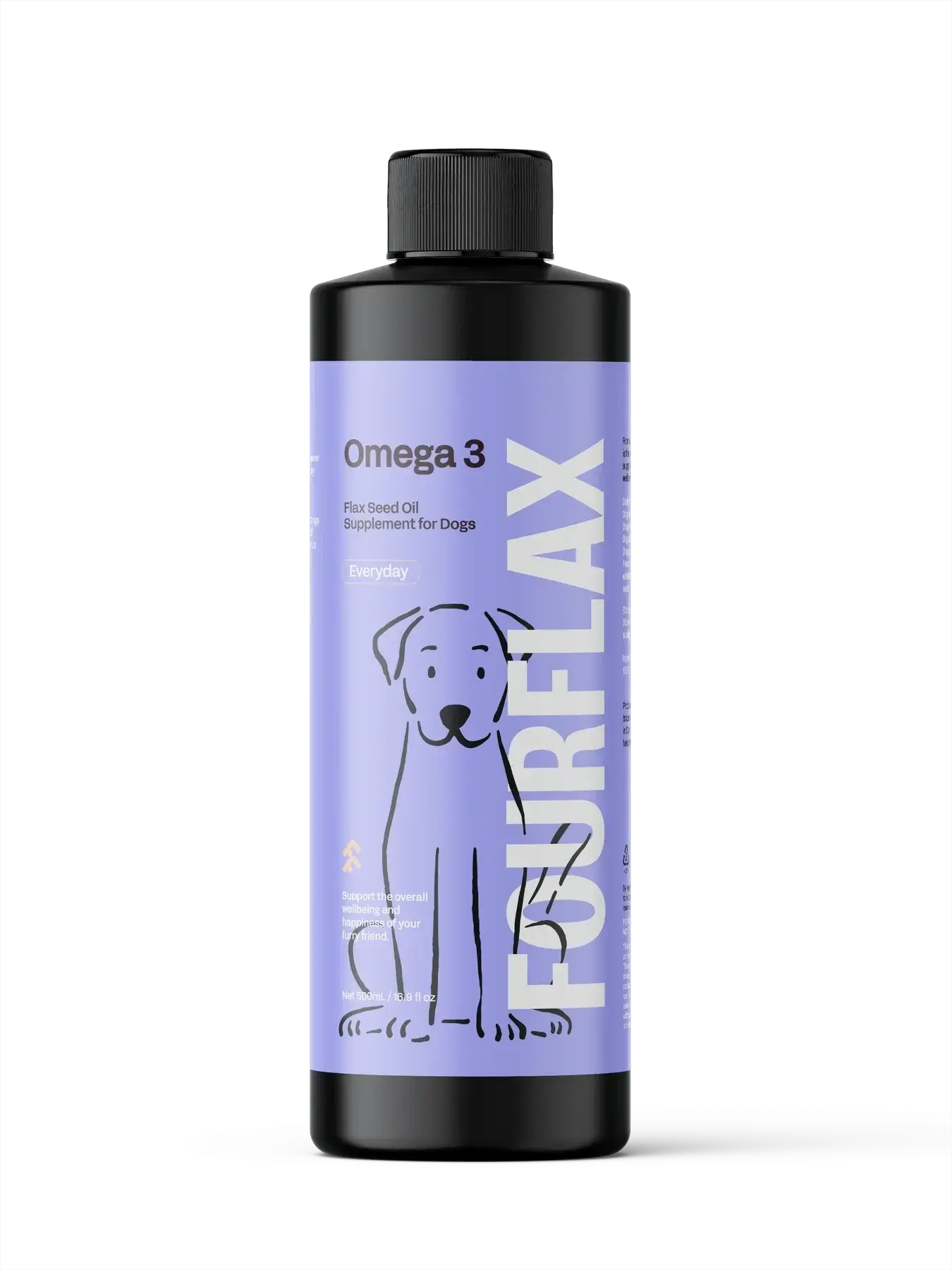 Bottle of Fourflux Omega 3 supplement for dogs on a white background.