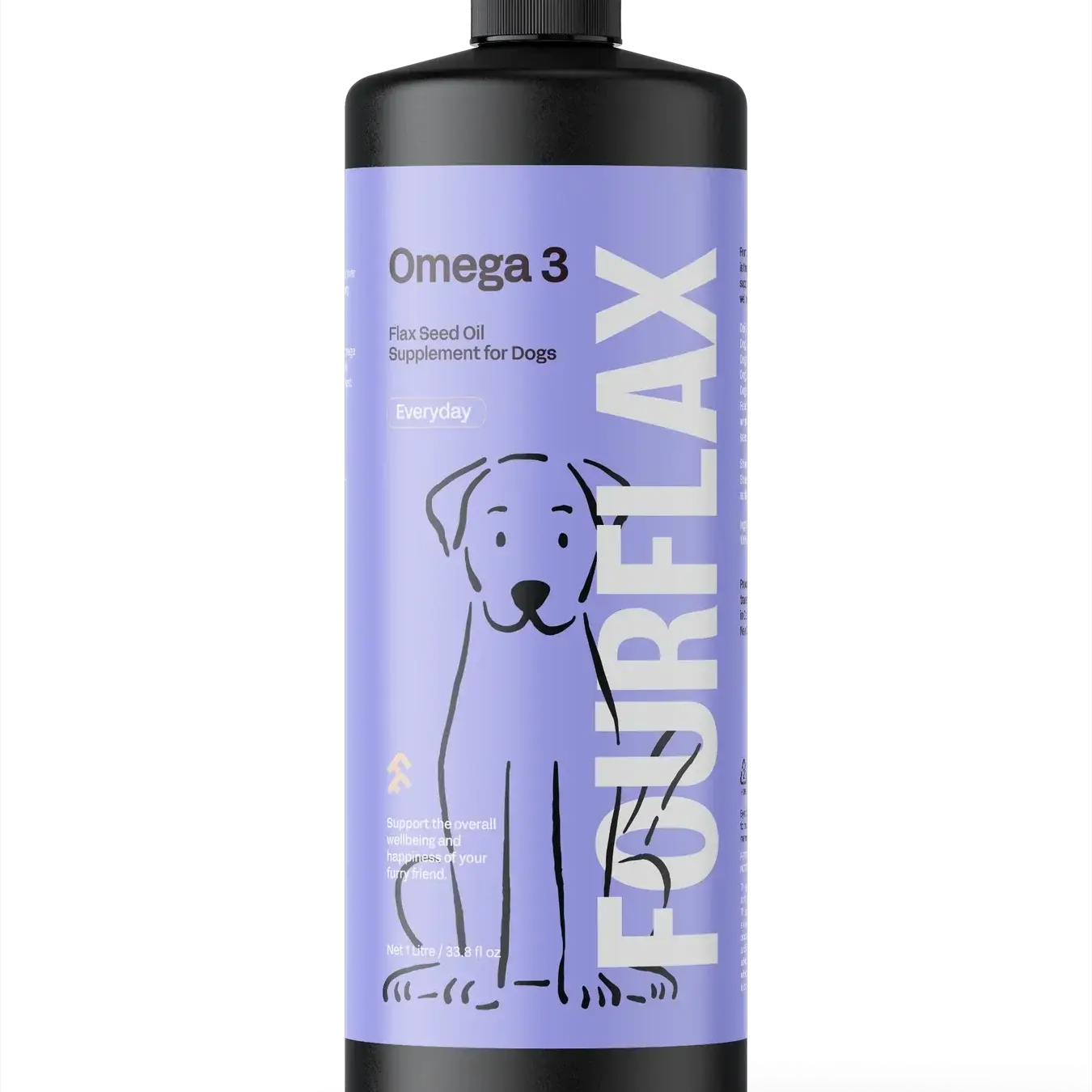 FourFlax Omega 3 fish oil supplement bottle for dogs on a white background