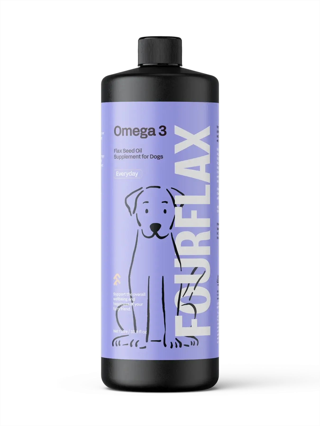 FourFlax Omega 3 fish oil supplement bottle for dogs on a white background