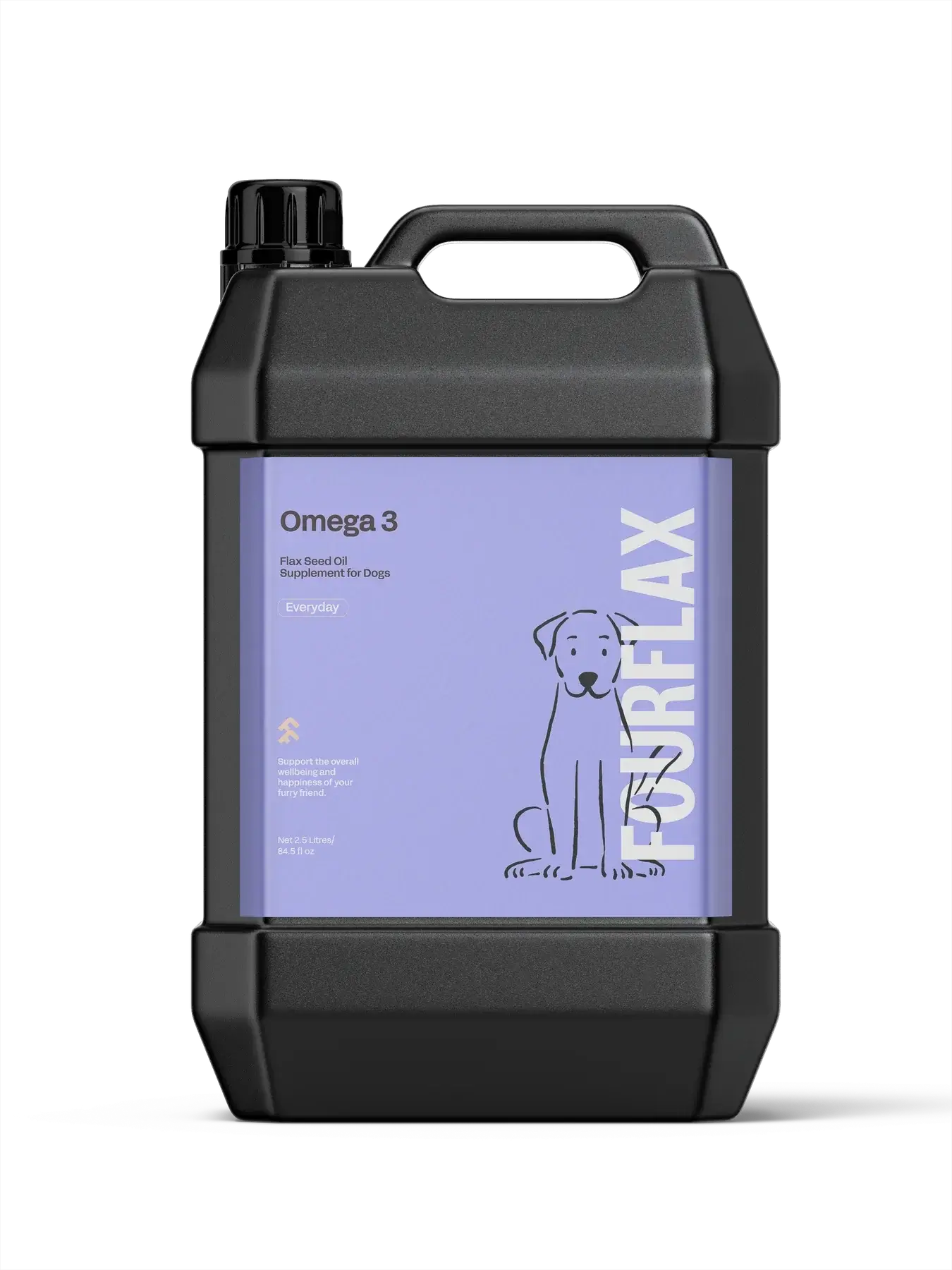Black container of FourFlax Omega 3 supplement for dogs on a white background