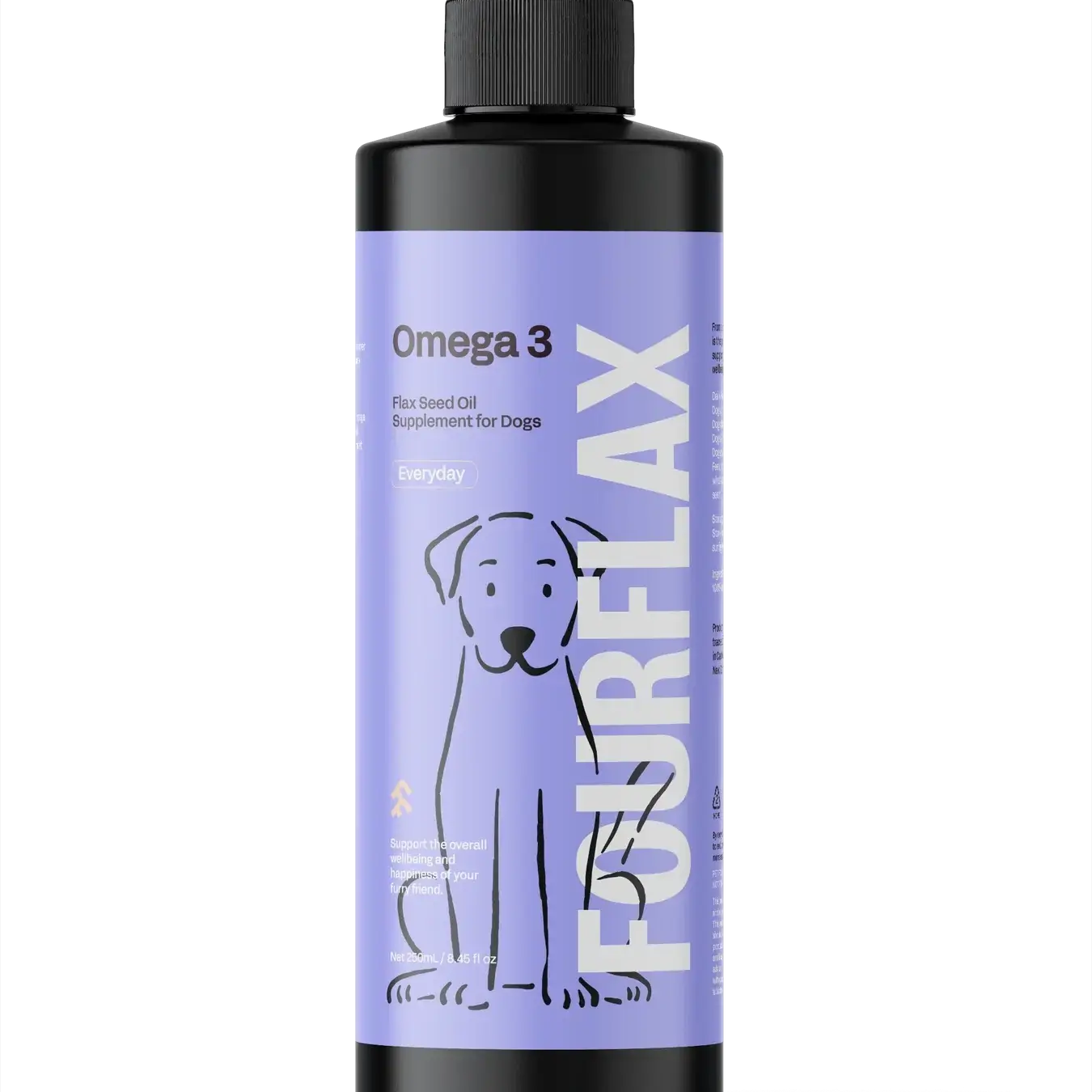 FourFlax Omega 3 fish oil supplement bottle for dogs on a white background