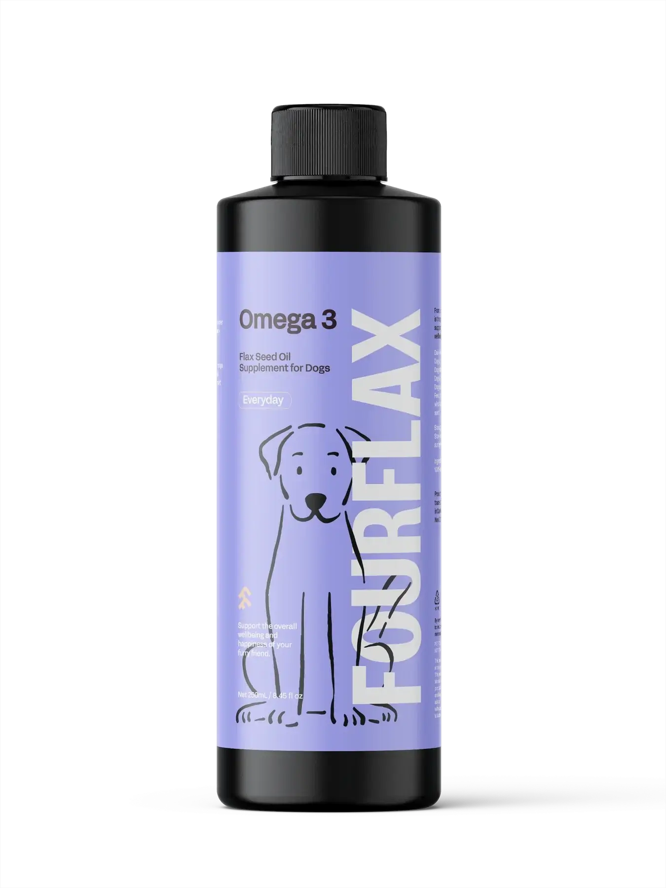 FourFlax Omega 3 fish oil supplement bottle for dogs on a white background