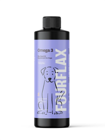 FourFlax Omega 3 fish oil supplement bottle for dogs on a white background