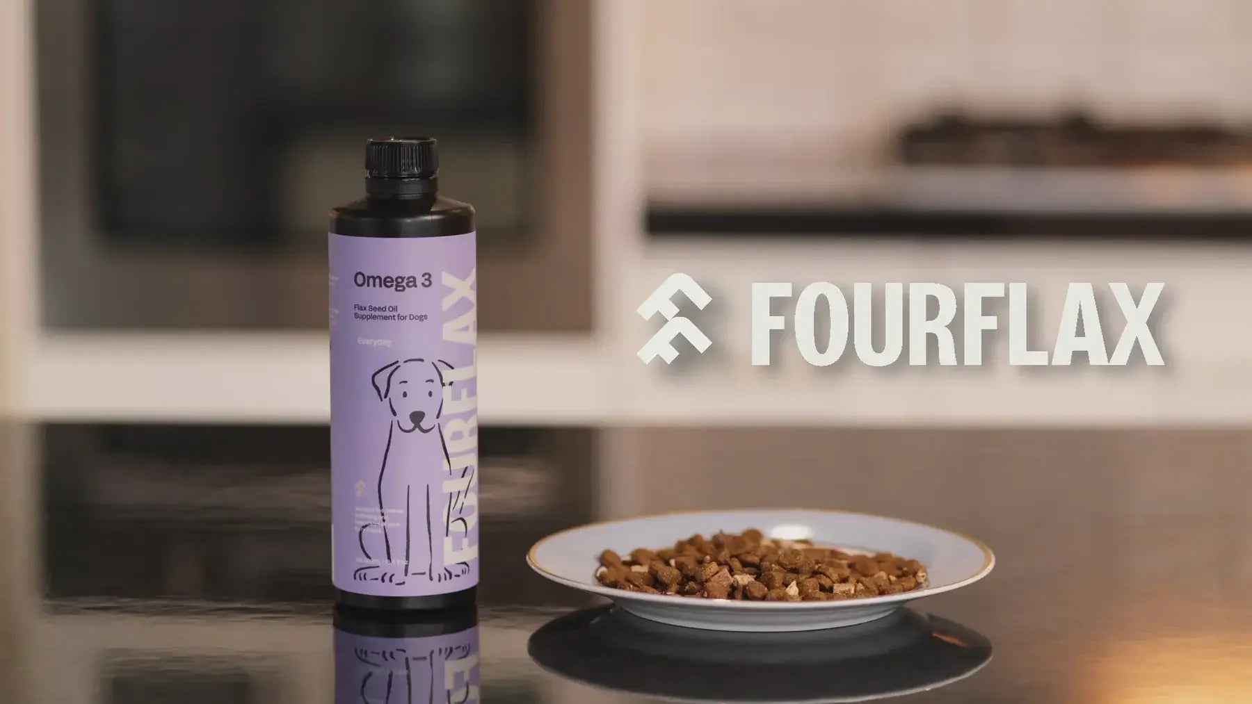 Fourflax Omega 3 supplement bottle with a bowl of dog food on a reflective surface.