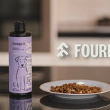 Fourflax Omega 3 supplement bottle with a bowl of dog food on a reflective surface.