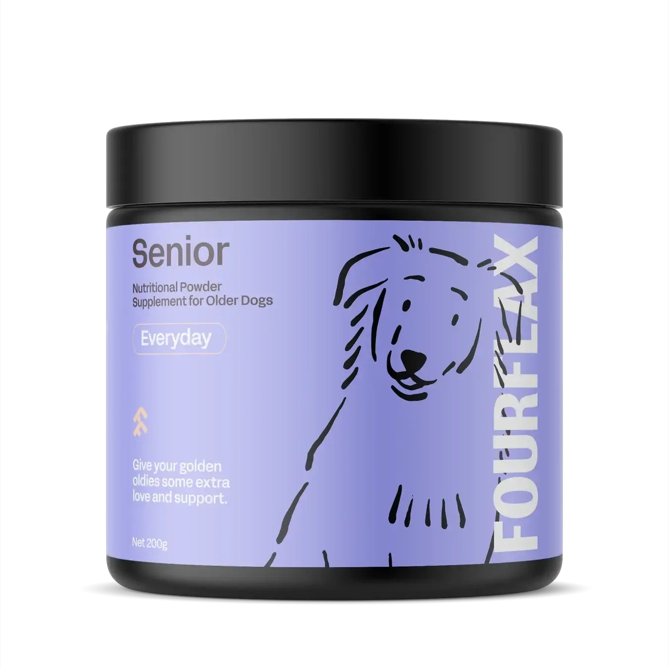 Fourflax Senior pet supplement jar on a white background