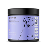 Fourflax Senior pet supplement jar on a white background