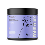 Fourflax Senior pet supplement jar on a white background