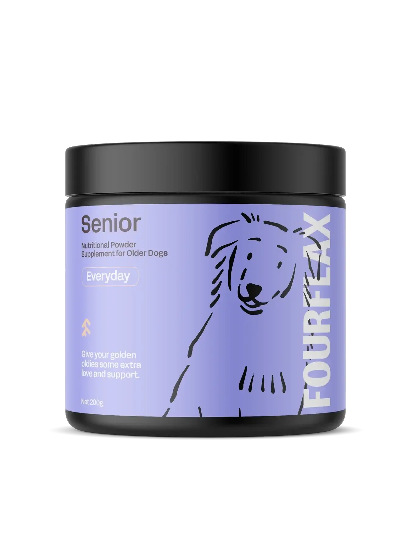 Fourflax Senior pet supplement jar on a white background
