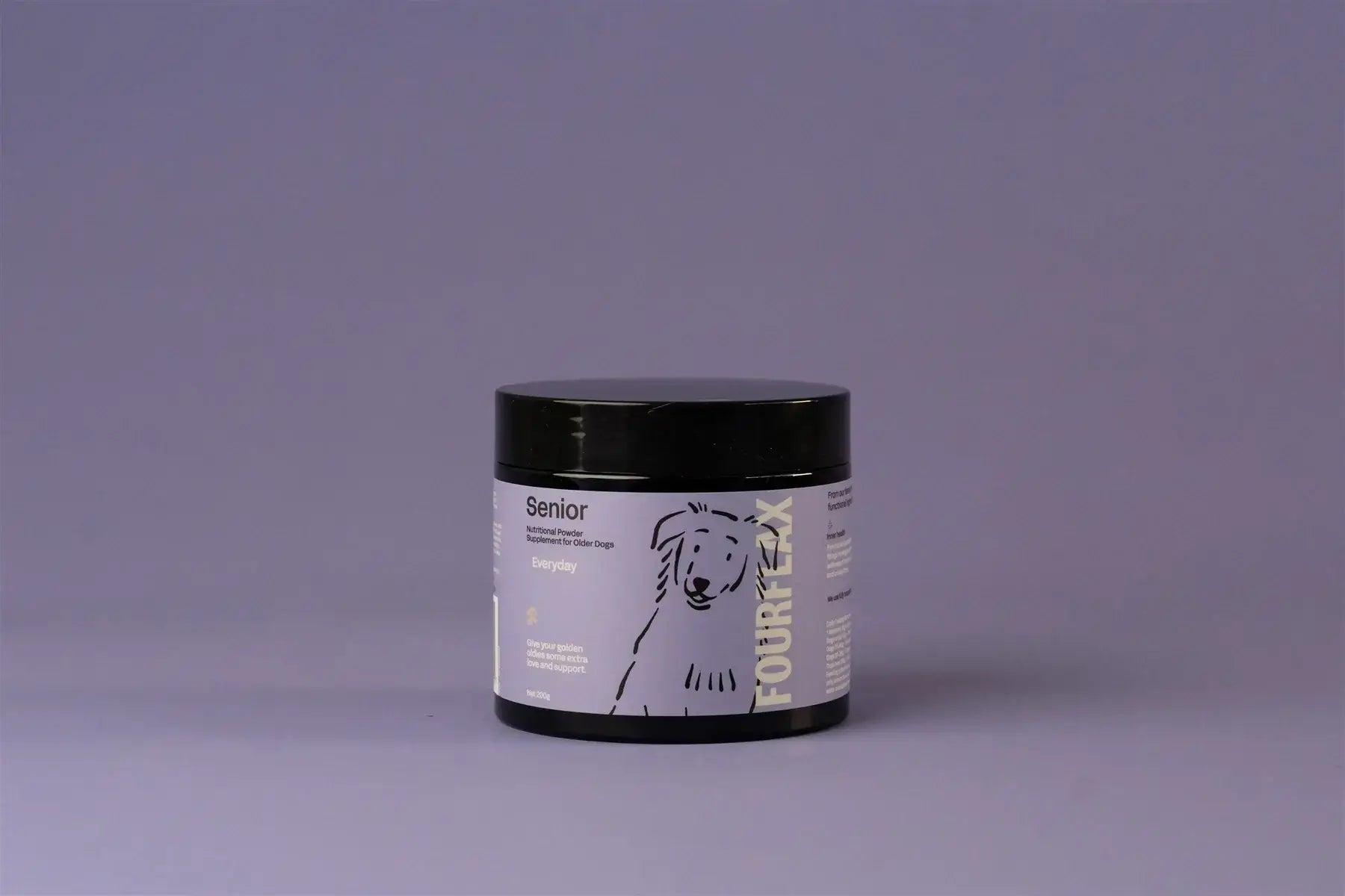 Pet supplement jar with 'Fourflax' branding on a gray background
