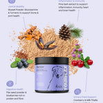 Fourflax pet supplement product with ingredients and health benefits on a light purple background