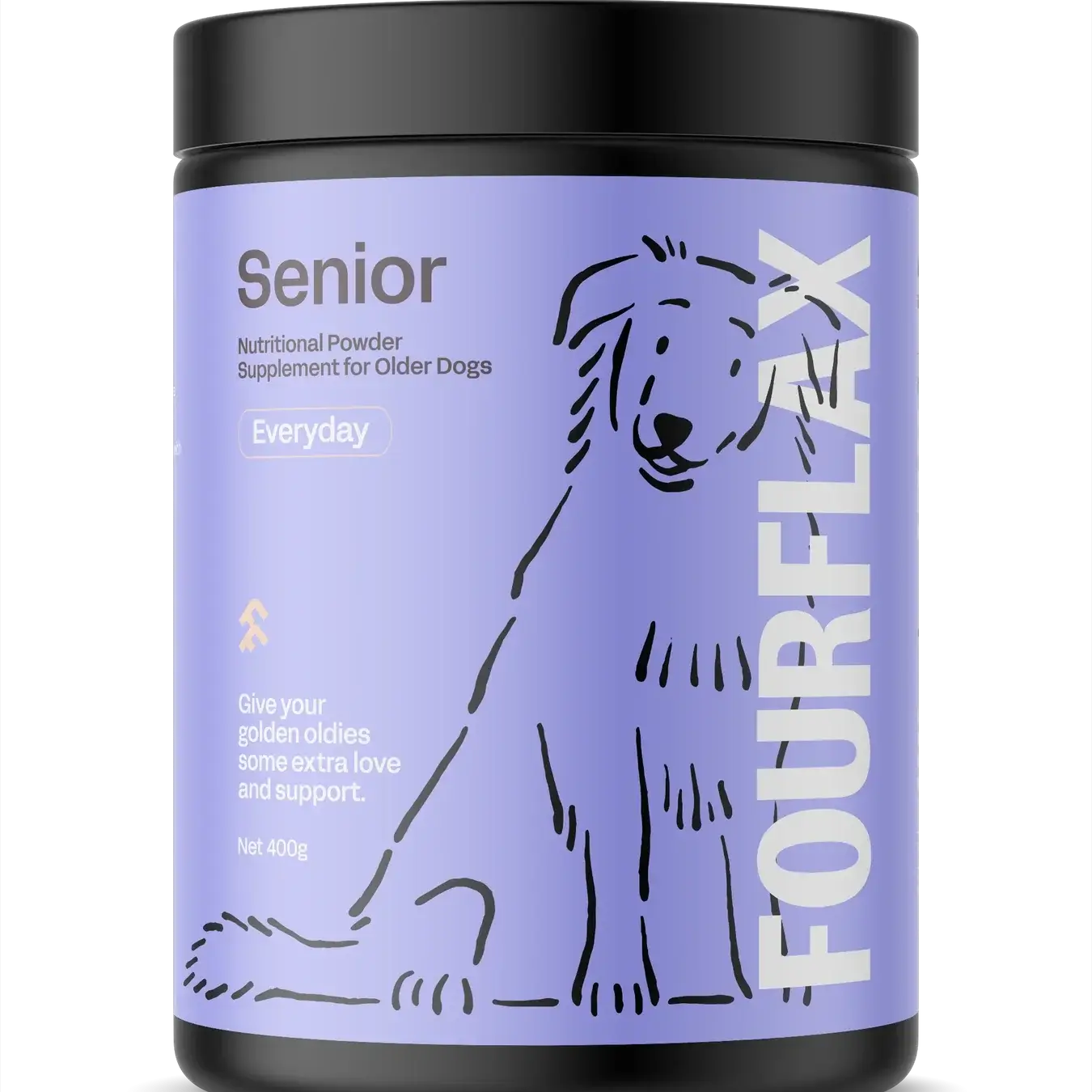 FourFlax Senior dog supplement container on a white background