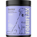 FourFlax Senior dog supplement container on a white background