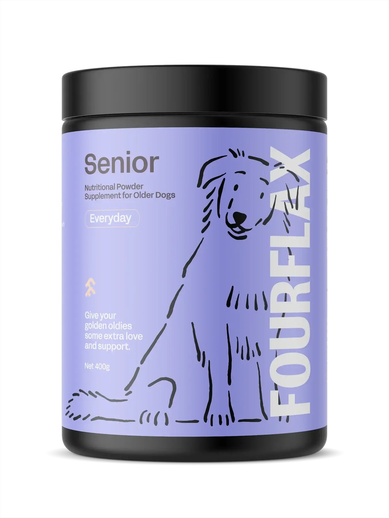 FourFlax Senior dog supplement container on a white background