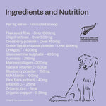 Dog supplement label with ingredients and nutrition information on a purple background
