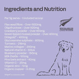 Dog supplement label with ingredients and nutrition information on a purple background