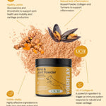 Dog bone and joint powder supplement with ingredients and health benefits on a beige background