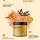 Dog bone and joint powder supplement with ingredients and health benefits on a beige background