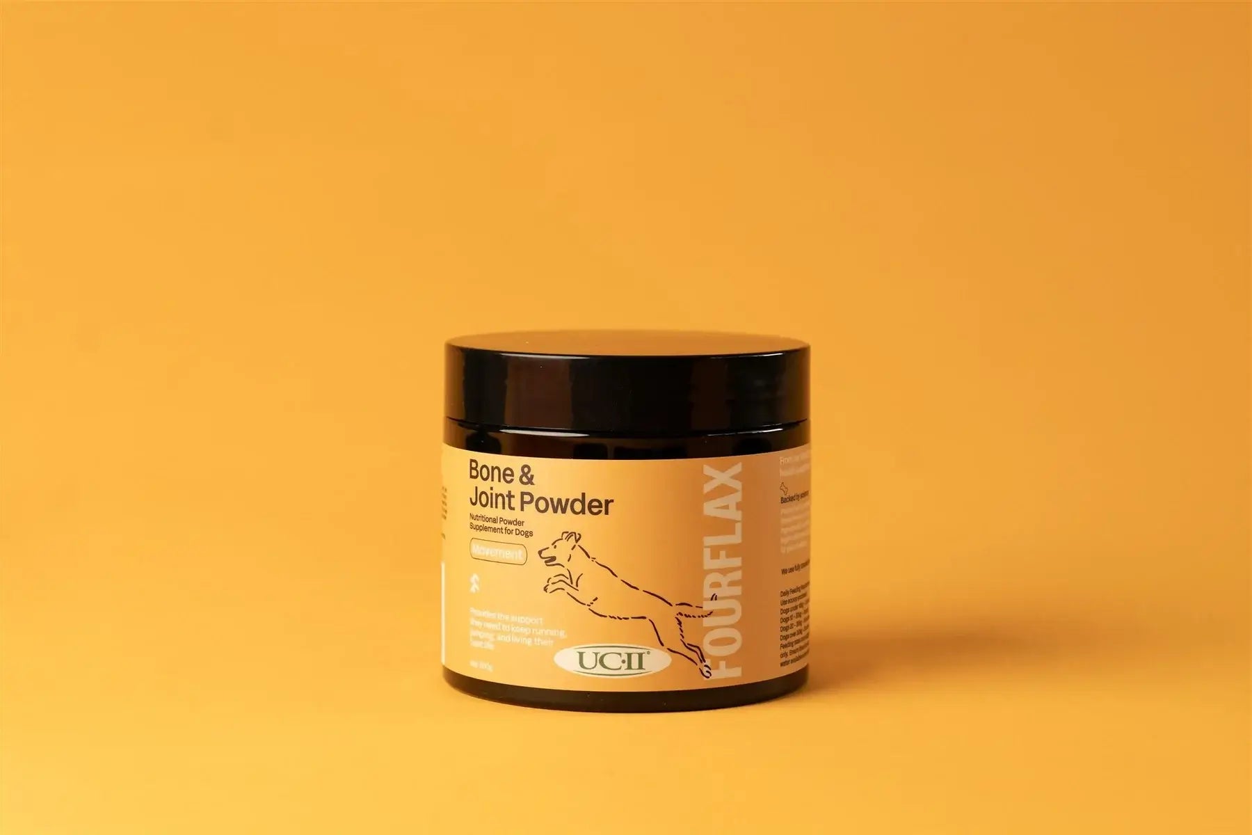 Jar of Bone & Joint Powder with branding on a yellow background