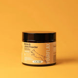 Jar of Bone & Joint Powder with branding on a yellow background