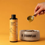 Bottle of Fourflax supplement and a bowl with a hand pouring liquid into it on an orange background