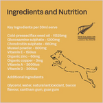 Dog supplement label with ingredients and nutrition information on a yellow background
