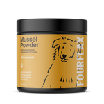 FourflaxMussel Powder supplement jar for dogs on a white background