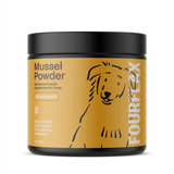 FourflaxMussel Powder supplement jar for dogs on a white background